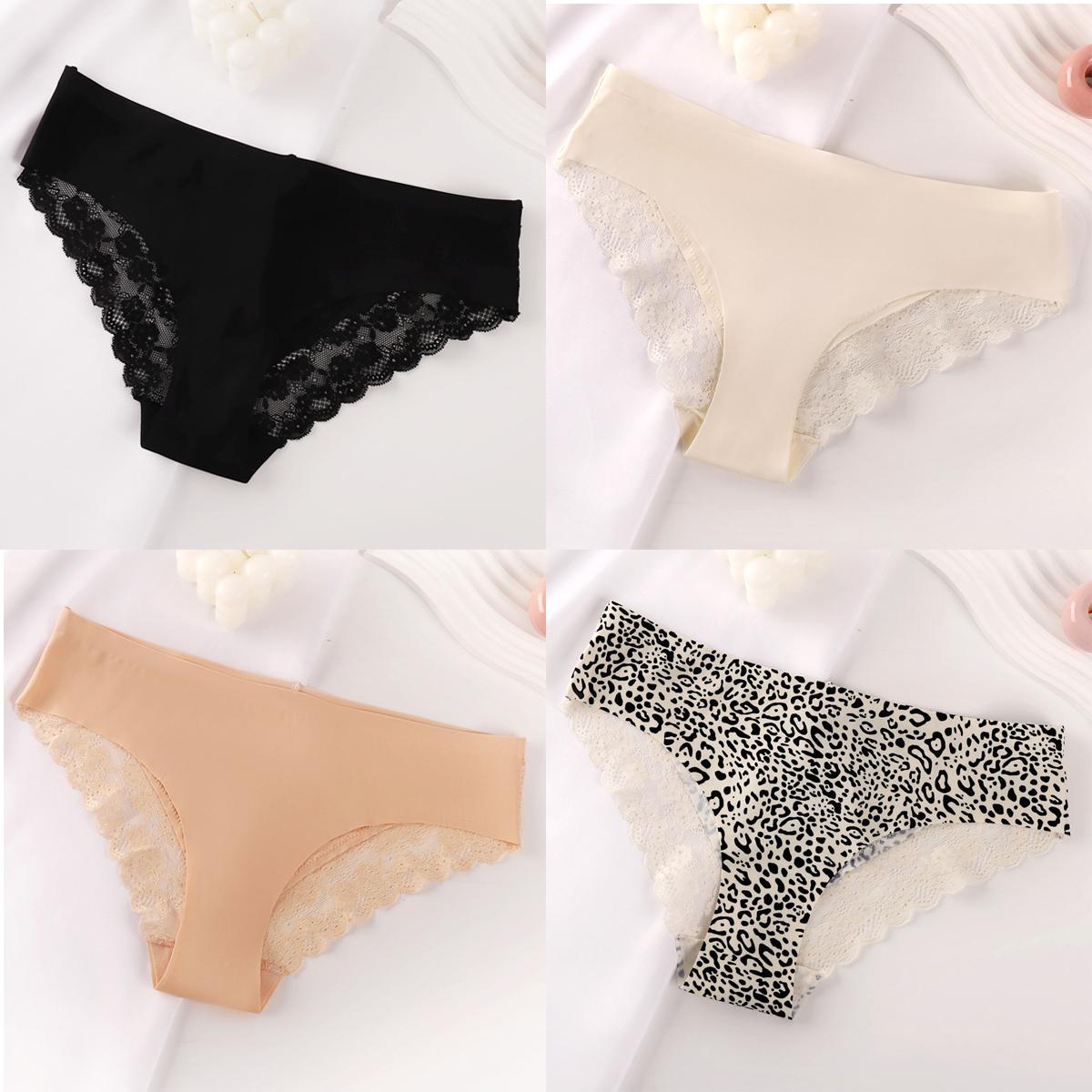 4Pcs  Sexy Underwear for Women Silky Seamless No Show Panties Ladies Lace Bikini Lightweight Cheeky Hipster Soft Breathable Bikini S
