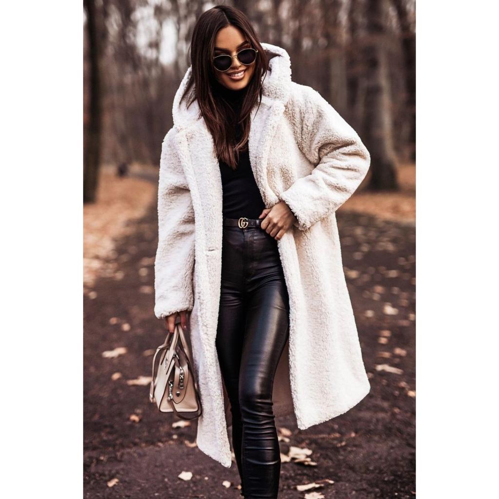 Damen Kapuzen Langarm Teddy Mantel Lockerer Schnitt Alpaka Fleece Tasche Winter Freizeit Übermantel