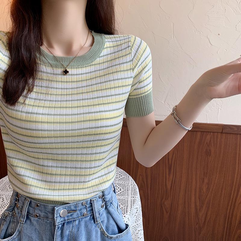 Short-sleeved Knit Sweater Female Summer Striped Knit Round Neck Thin T-shirt Short Paragraph Foreign-style Top Tide Casual Slim Fit Pullovers Tees