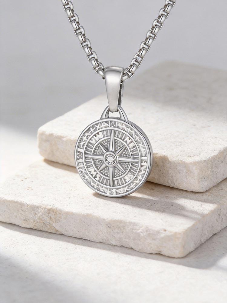 Vegvísir Zircon Octagram Round Pendant for Women Men Stainless Steel Chain Necklaces Couple'S Protective Charm Jewelry