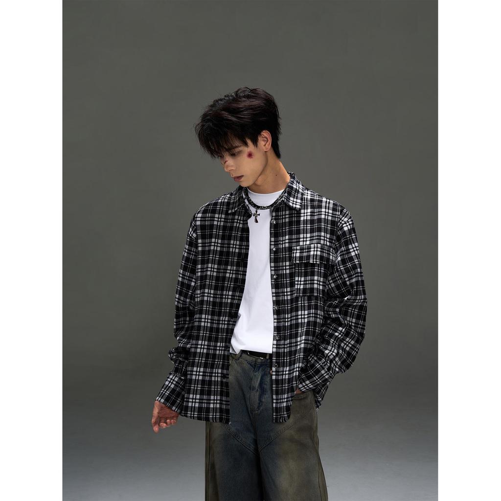 Men's Retro Black & White Checkered Long Sleeve Shirt Jacket - Casual Spring/Autumn Wear