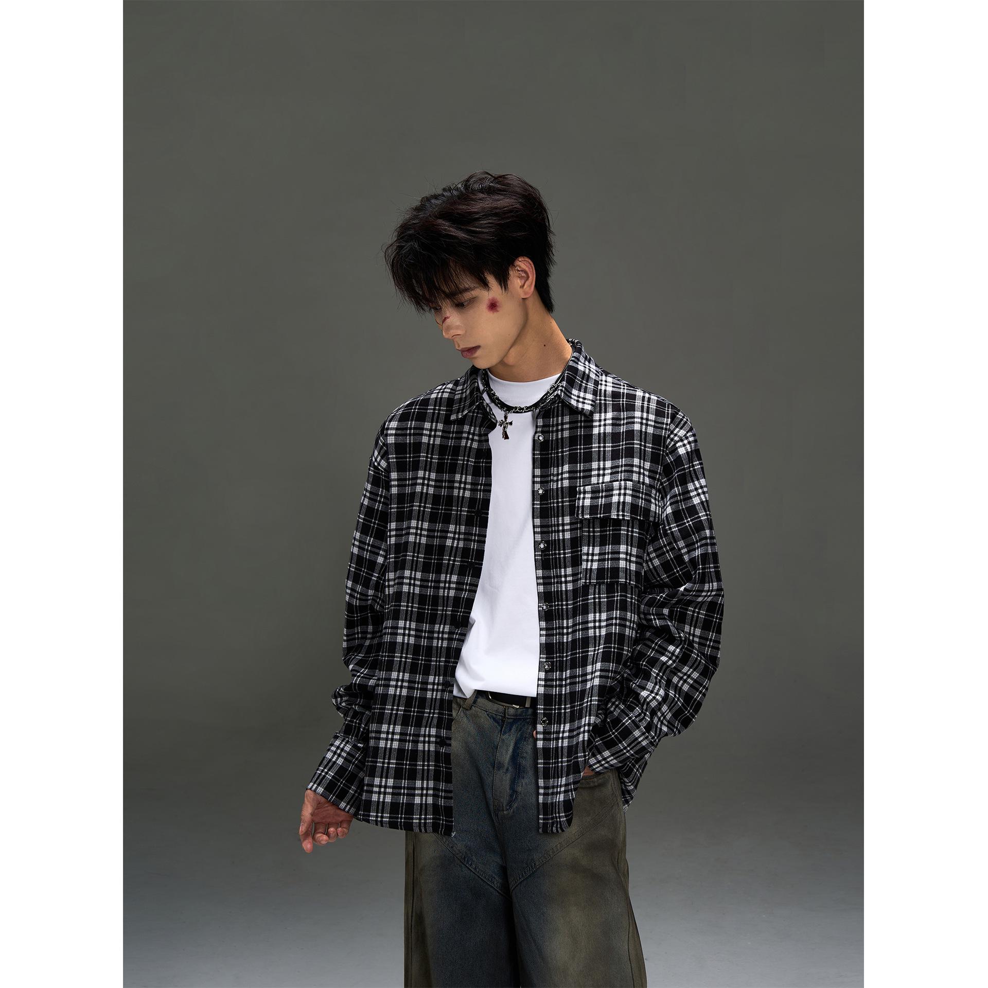 

Мужская рубашка-куртка с длинным рукавом в клетку ретро черно-белого цвета - Повседневная одежда на весну/осень Large