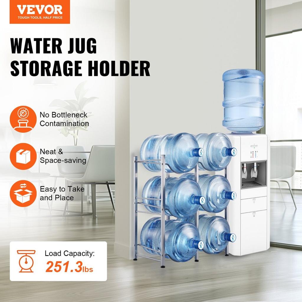 3 Tiers Water Jug Holder Double Row Water Bottle Rack for 6 Bottles Silver
