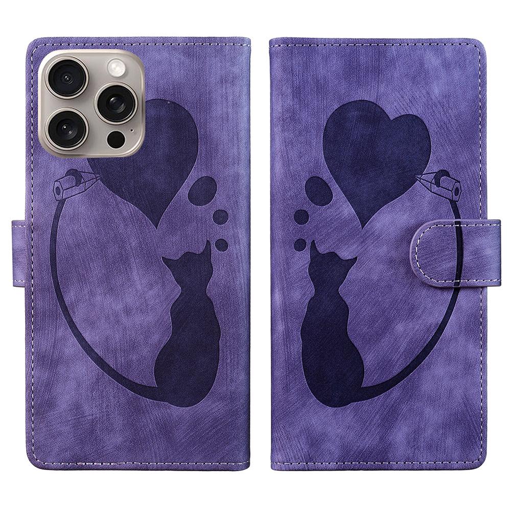 For iPhone 16 Pro Max Case Heart Cat Folding Stand PU Leather Phone Cover