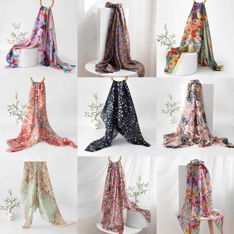 Long Strips of Silk Scarf  High-end Sense Mulberry Silk Scarf  Women's Fresh Small Floral Thin Style  Atmosphere  Big Shawl