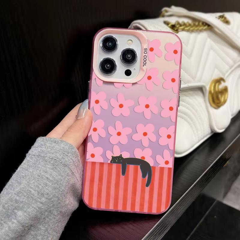 Pink Flower And Black Cats Pattern Phone Case For iPhone 17 Pro Max 16 15 Pro 14 13 Mini 12 11 XR XS 17Air Plus Hard Matte Cover