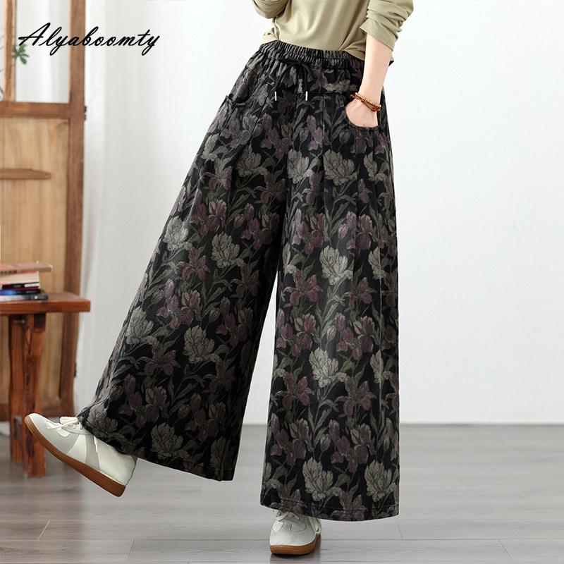 Large Size Autumn Spring Women Straight Jeans High Waist Floral Print Black Denim Trousers Retro Classical Oversized Ladies' Jeans