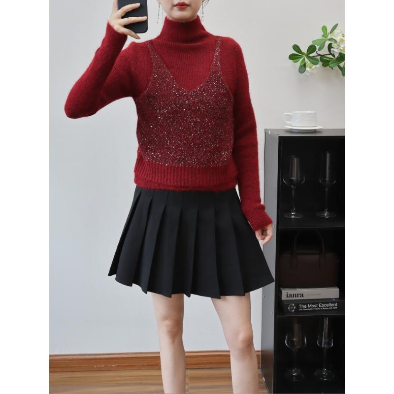 Autumn and Winter New Semi-turtleneck Fake Two-piece Sequined Knitted Sweater Top Slim and Thin Sweater Pullover Inside Women