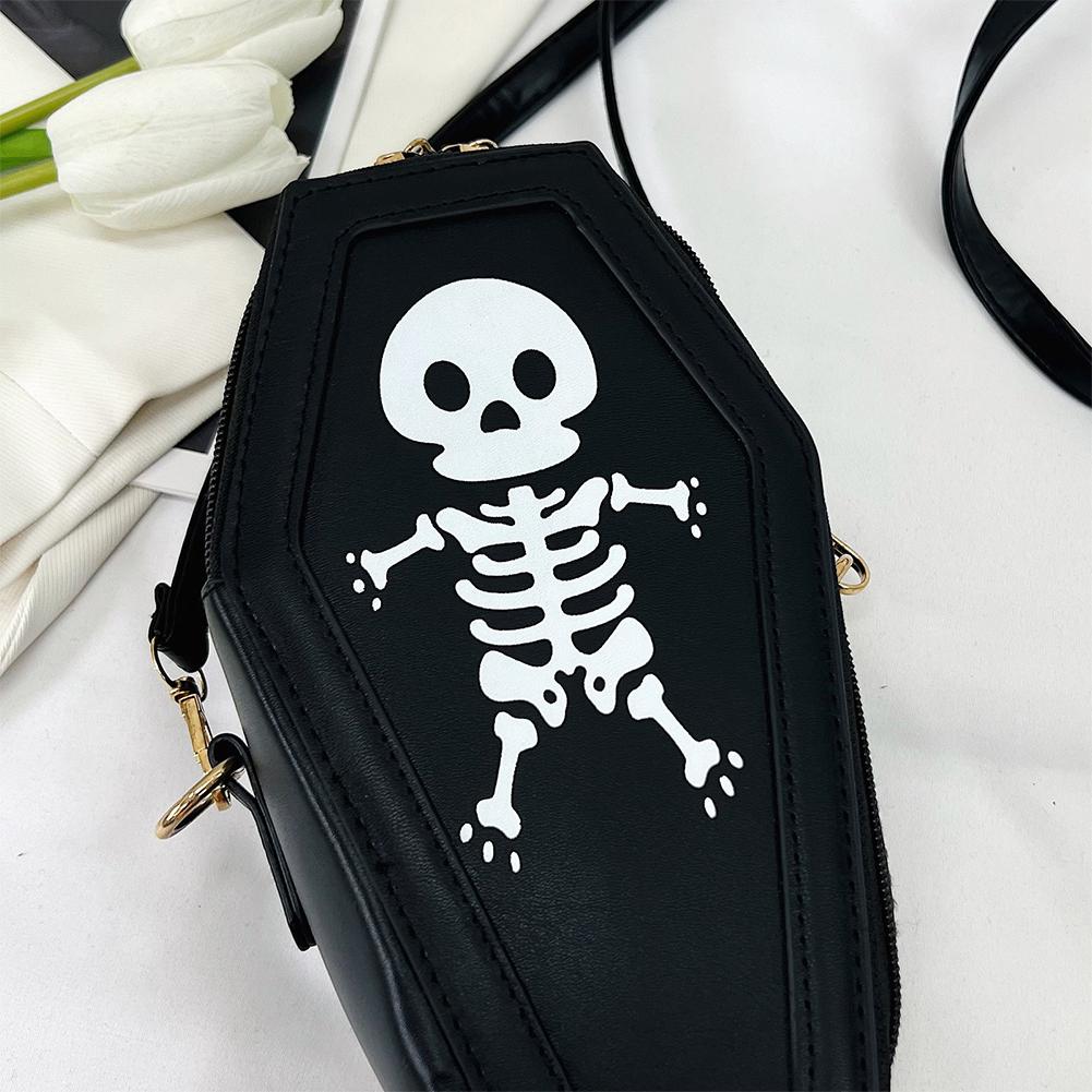 Women Crossbody Bag PU Leather Coffin Shape Gothic Shoulder Bag Skull Print Hobo Bag for Carnival Cosplay