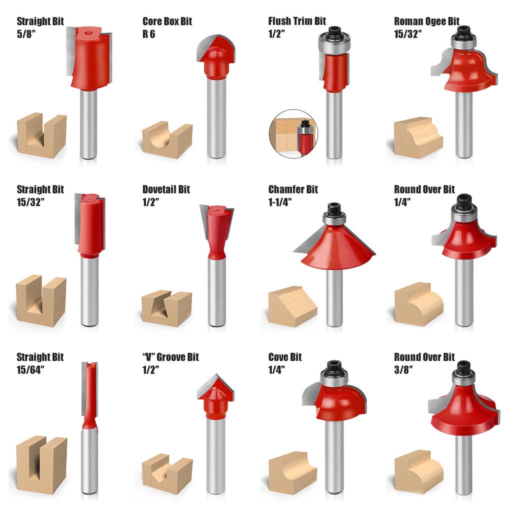 12-Piece Set Of 6-Handle 1/4-Handle Red Woodworking Milling Cutter Set, Trimming Machine Cutter Head, Bakelite Milling, Engraving Machine Cutter