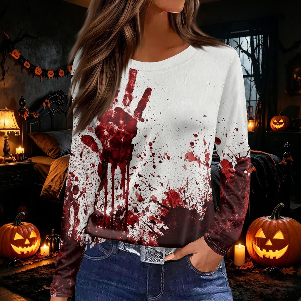 Women's Halloween Print Long Sleeve Top with Side Slit Round Neck for Casual Everyday Wear