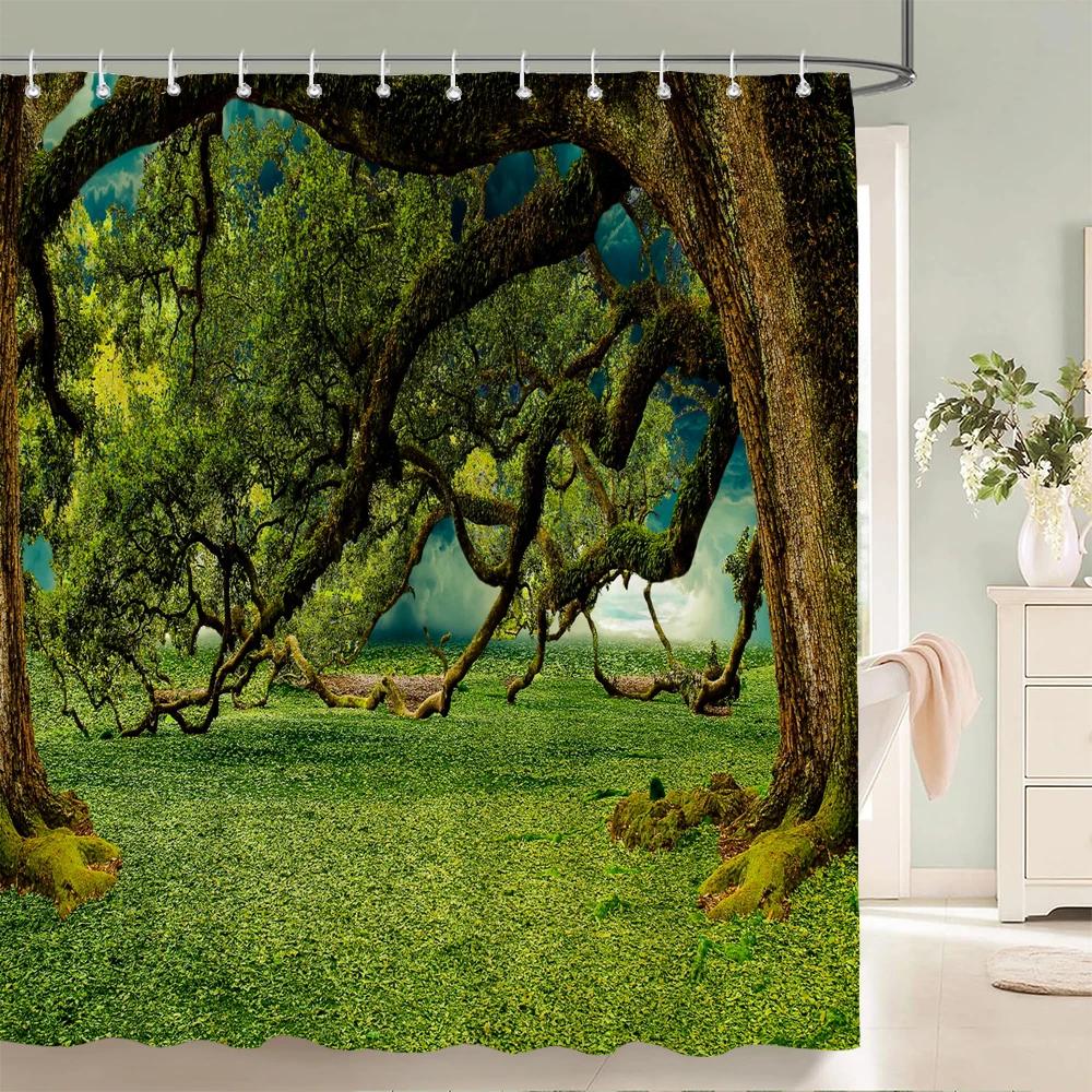 Forest Scenery Printed Fabric Shower Curtains Autumn leaves Tree leaf Bath Screen Waterproof Products Bathroom Decor with Hooks