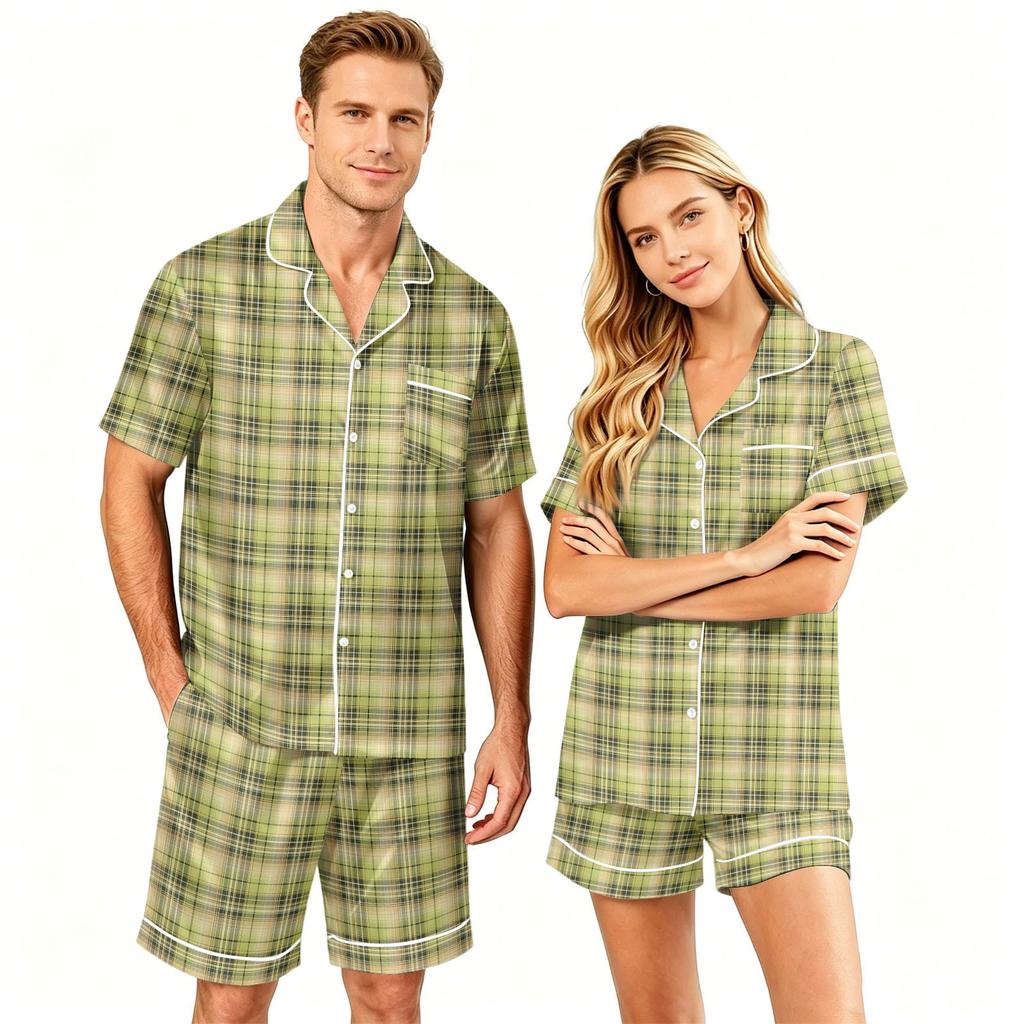Couple Matching Pajama Set Short Sleeve Button Down Shirt and Shorts Loungewear Soft Casual Sleepwear Set Available In S To XXXXL