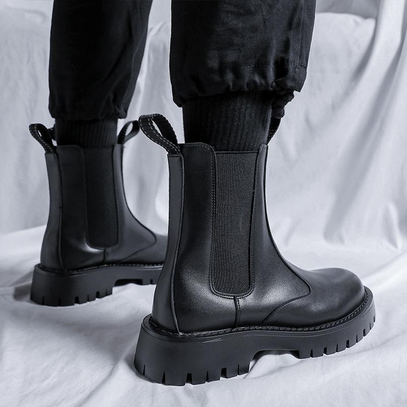 Leather Mens Boots High Top Fashion Decorative Luxury Designer Shoes Men Business Round Toe Slip-on Sleek Boots Plush Warm Shoes