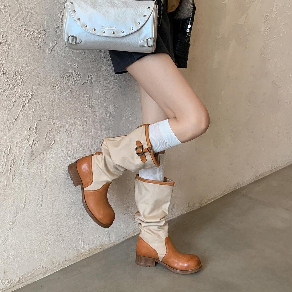 Cowhide Version Splicing Leather Western Boots Pleated Piled Boots Women'S Knee Retro Style Thick Heel Thin Knight Boots