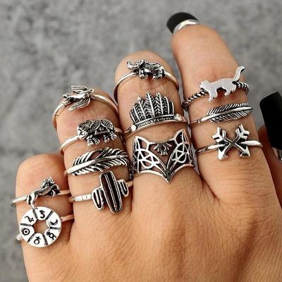 Set 12 inele gotice cu elefant, vulpe, cactus, pentru degete, pentru femei, cu frunză de copac, geometrice, săgeată, bijuterii