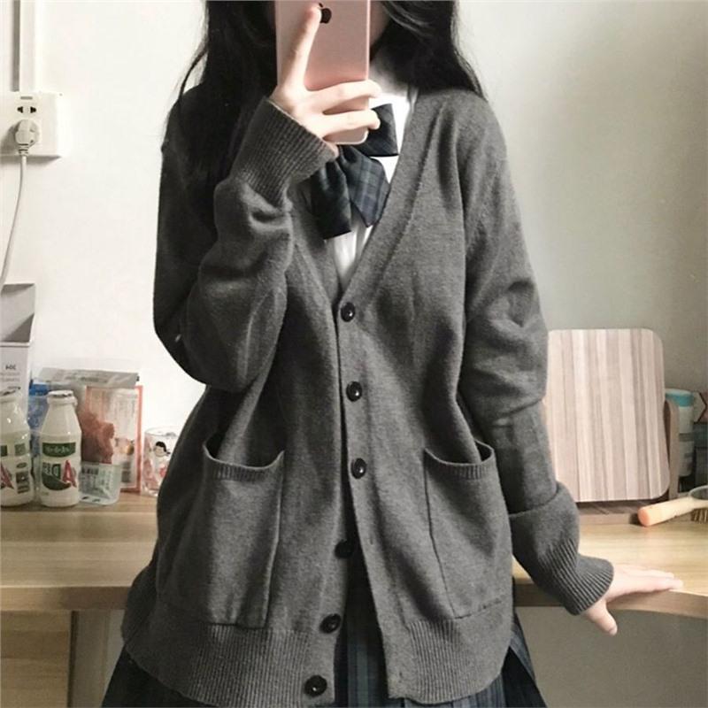 Navy Blue Japanese School Style Women's Cardigan Sweater for Autumn & Winter