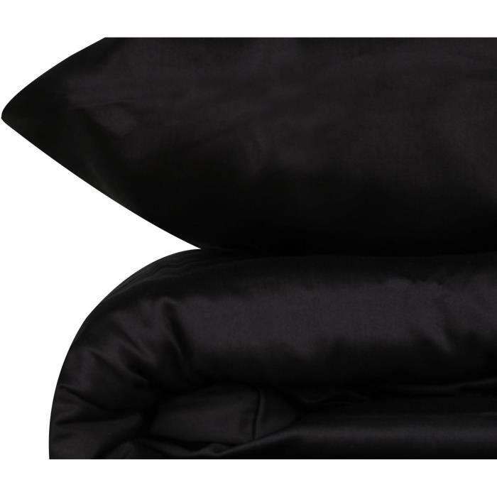 Parure de lit - 1 housse de couette 220 x 240 cm + 2 taies d'oreiller 60 x 60 cm - Satiné 100% coton - Noir