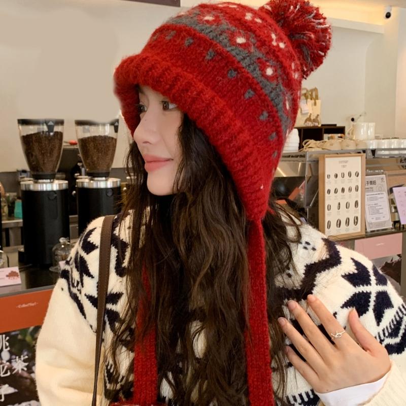 Elastic Thermally Fleece Hat Nordic Pattern Lightweight Cold Weather Headwear Elastic Winter Beanies For Travel