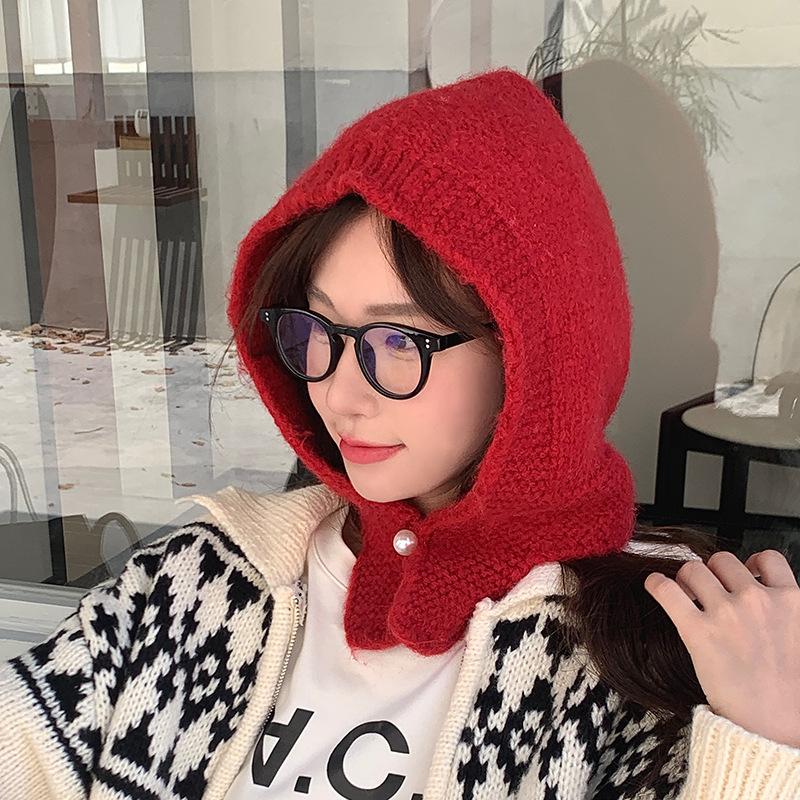 New Year's Red Hat Scarf One Piece Women's Winter Korean Style Warm Knitted Woolen Hat Ear Protecting Balacrafa