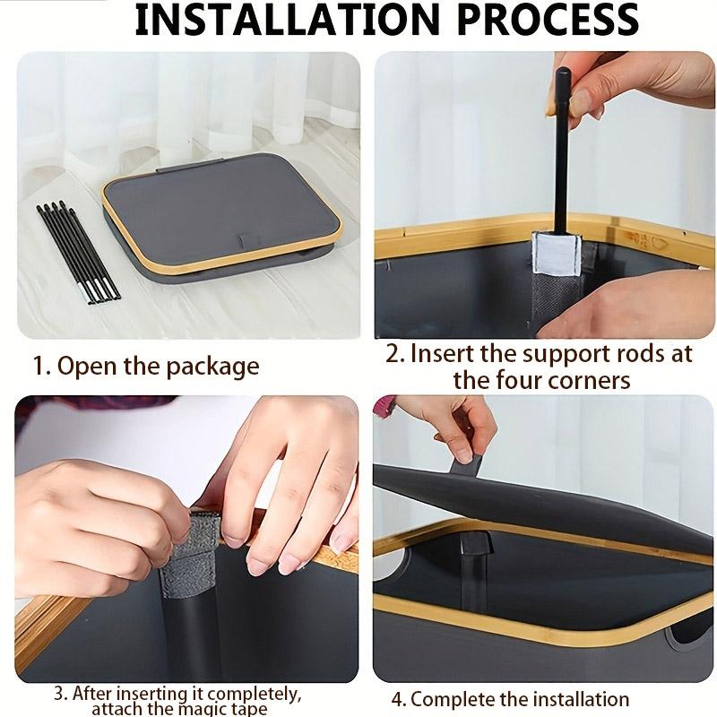 Bamboo + Oxford Cloth Collapsible Clothing Storage Laundry Basket with Lid