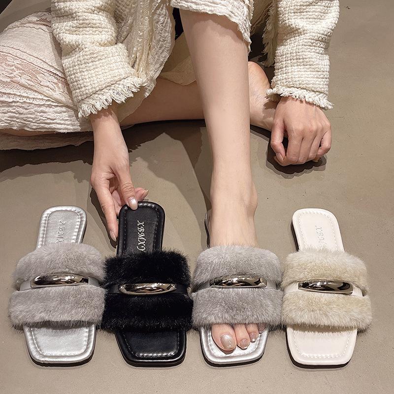 French Fairy Wind Fluffy Slippers Female Outer Wear 2025 Autumn and Winter New Small Fragrant Wind Flat Bottom Non-slip Lazy Word Drag