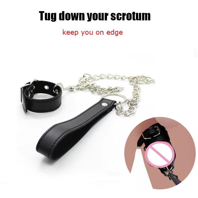 Leather Cock Penis Ring,Ball Stretcher Leash Sack Pull Tug, Chastity CBT Bondage,Sex Toys For Couples