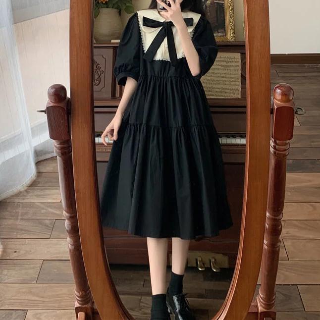 Tatlı Lolita Elbise Kadın Kawaii Zarif Vintage Elbiseler Bahar Tatlı Sevimli Puf Kollu Tiki Tarzı Sundress Moda Elbise