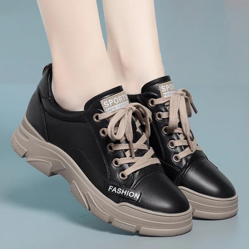 Spring Non-slip Soft Leather Sneaker Trekking Footwear New Women's Thick-soled Lace-up Leisure Skateboard Sports Shoes2025