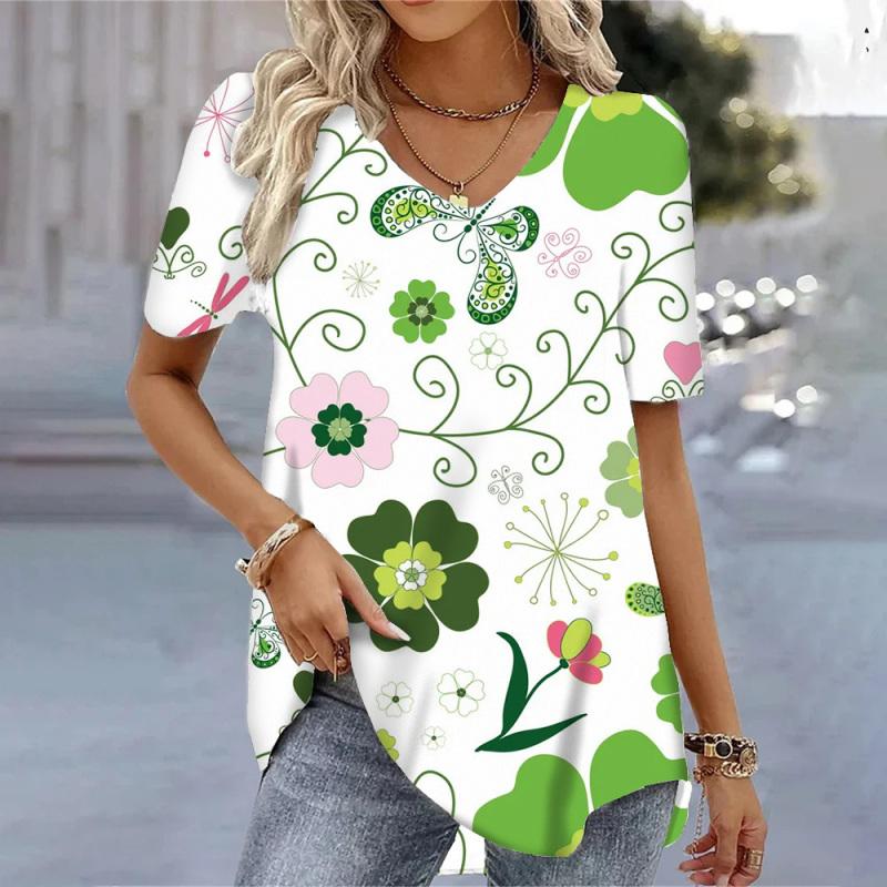 Frühling Vintage Damen V-Ausschnitt Kurzarm T-Shirt für Frauen Lose Tops 3D-Druck Sommer Tees Shirts Übergroße weibliche Kleidung