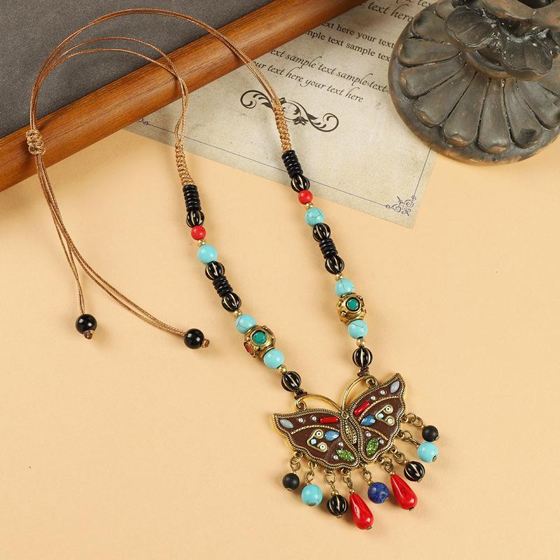 Original Design Nepalese Butterfly Necklace Vintage Clavicle Chain Exotic Style Tassel Frontier Tibetan Headdress