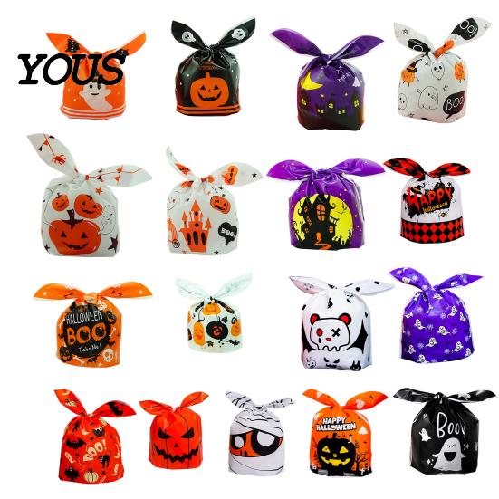 Small Candy Containers for Halloween Party 48 Pcs Bags, Kids Trick or Treat Goodie Cute Rabbit Cartoon Goody Bags Holiday Ear Plastic Gift Cookie,
