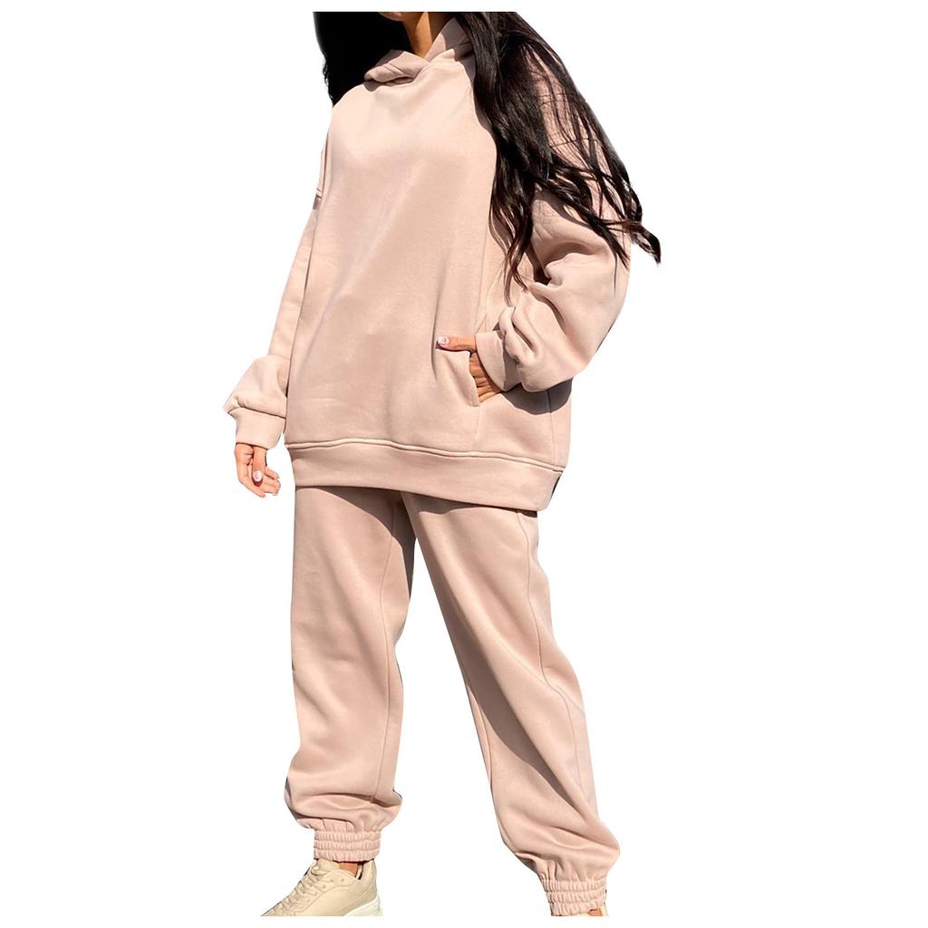 Women's Autumn/Winter Solid Colour Sweatshirt Hooded Fashion Long Sleeve Two Piece Set