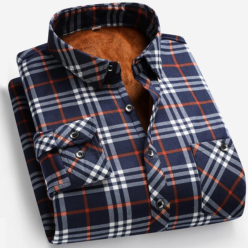 Autumn and winter men's padded and thickened warm square collar shirt long-sleeved business casual plaid shirt