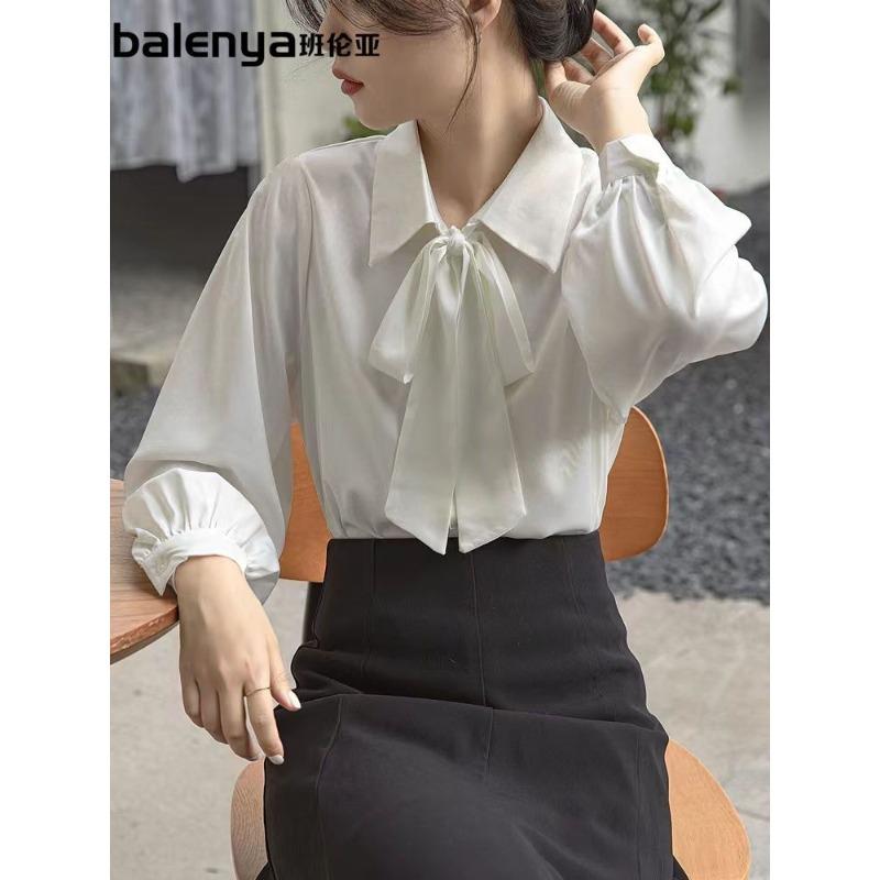 

Весна Осень Шнуровка Длинный Рукав Белая Женская Атласная Блузка Дизайн Темпераментная Профессиональная Топ S белый