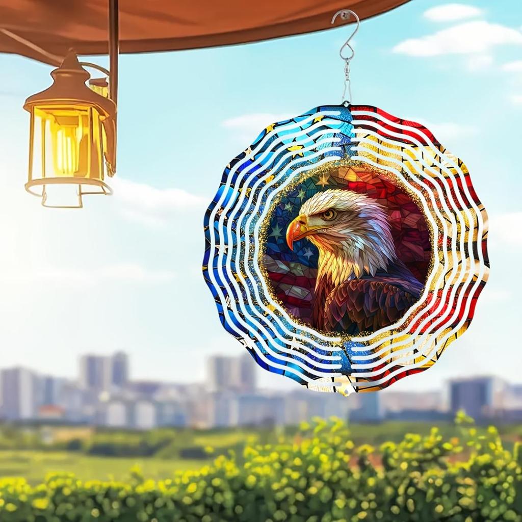 Vintage Patriotic Wind Spinner Outdoor Decor 10 Inch 2D Hanging Kinetic Yard Art for Garden Housewarming Gift Laser Cut Metal Geometric Pattern