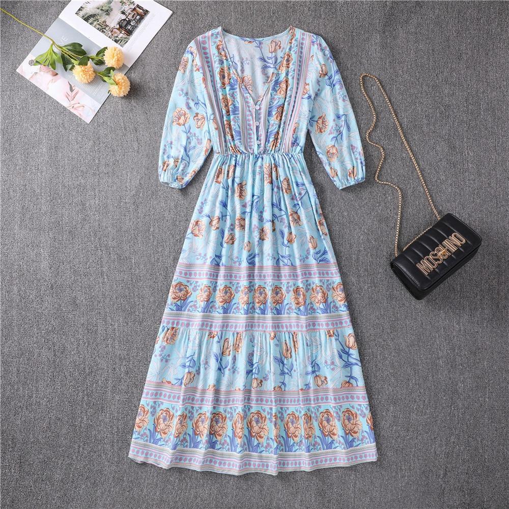 

Women s Floral Print V-Neck Ruffled Dress with Puff Sleeves, A-Line Summer Dress in Pink/Blue/Orange XL синій
