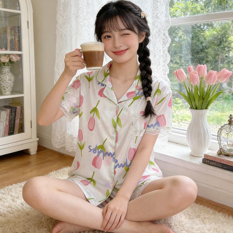 Ice Silk Pajamas Women'S Short-Sleeved Shorts Summer Cool Bow Jacquard Lapel Cardigan Loungewear Outside