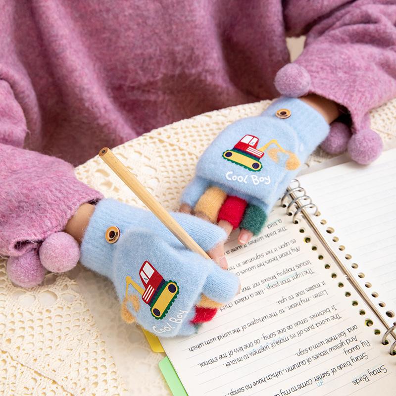 Cartoon Winter Gloves for Boy Cute Excavator Thick Warm Kids Half Finger Flip Mittens Outdoor Toddler Windproof Children Gloves