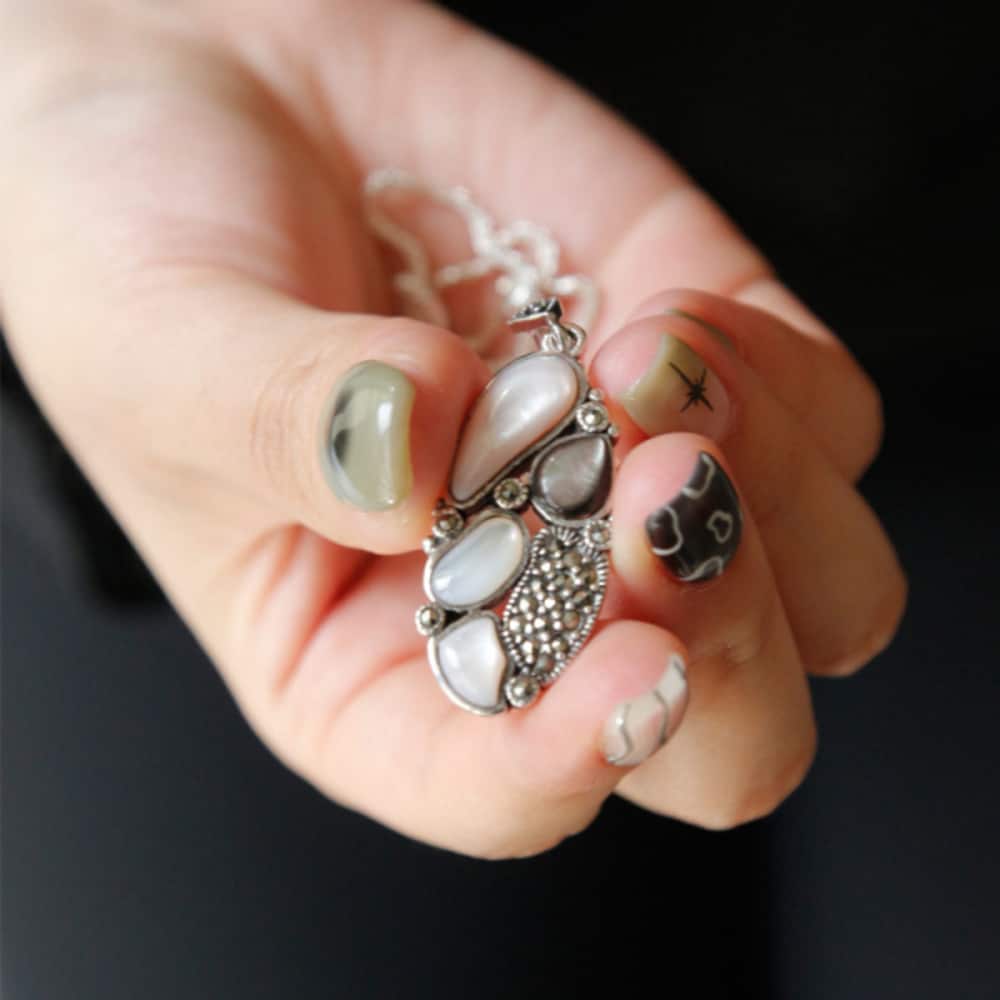 Bydaisy Mother-of-Pearl Marcasite Gemstone Pendant Silver Necklace Bn0508