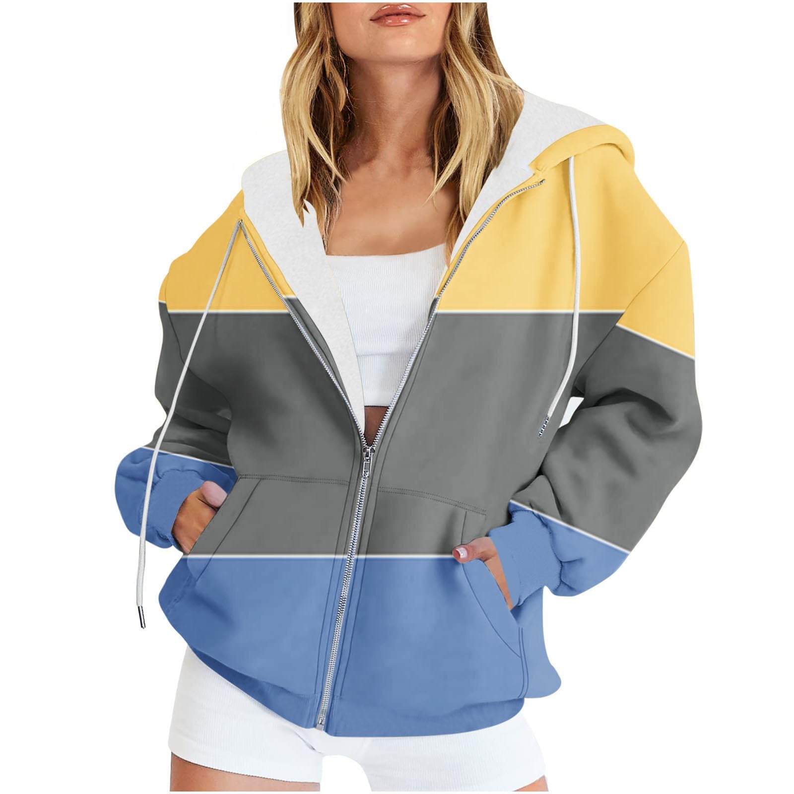 

Ladies Casual And Fashionable V-neck Zipper Long Sleeved Color Blocked Sweatshirt Jacket L