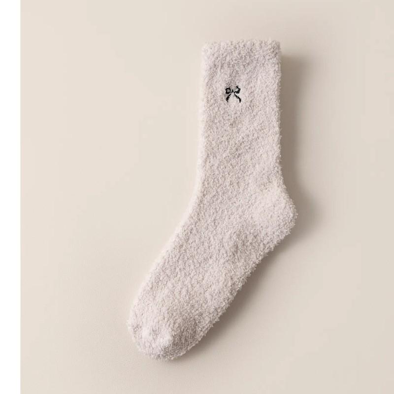 Embroidered Bow Coral Fleece Lint Autumn and Winter Sleep Socks Thick Floor Socks Middle Tube