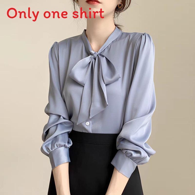 Blue Bowknot Shirt With Satin Fabric And Tie Detail For Office Women