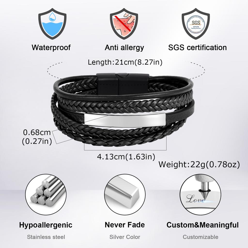 Vnox Free Engraving Men's Bracelet, Multilayer Leather Stainless Steel Long Bar Charm Wristband, Brown Black Braided Jewelry New