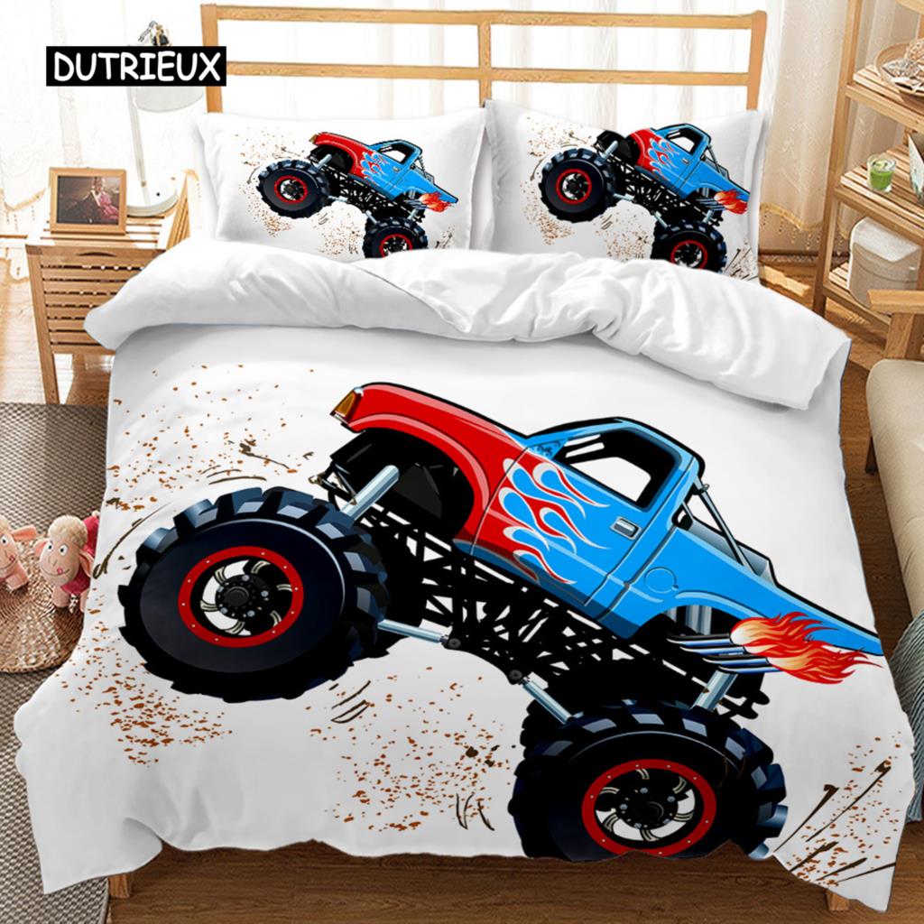 Truck Duvet Cover Set Automobile Blue Monster Pickup Truck Off Road Vehicle Bedding Set for Boys King Size Polyester Quilt Cover