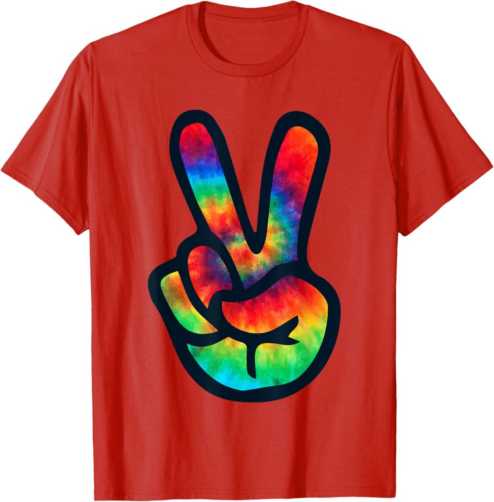 Tie Dye Peace Sign Hippie V Hand Graphic Short Sleeve Cotton Crew Neck TShirt