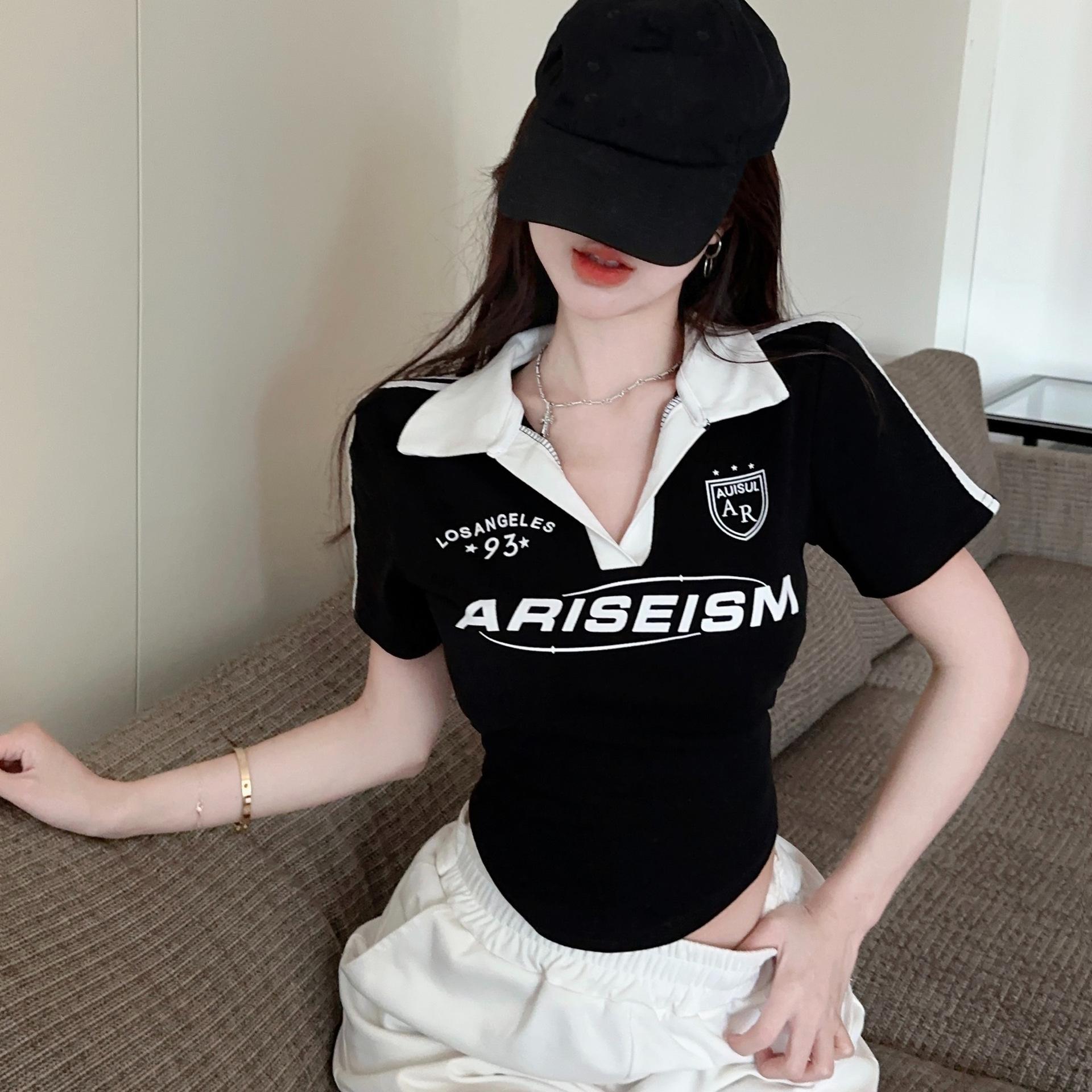 

Polo collar shoulder cotton short-sleeved t-shirt women s summer 2025 new design sense niche American short top summer XL чорний