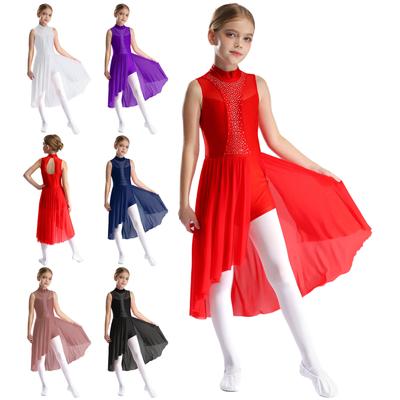 Vestito da ballo lirico per ragazze, costume da pattinaggio artistico, abito da ballo per balletto con strass scintillanti, senza maniche, collo alto, orlo asimmetrico