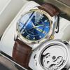 Men's Luminous Automatic Mechanical Watch with Double Calendar, Skeleton Design, Fashionable Belt, and Waterproof Quartz.
