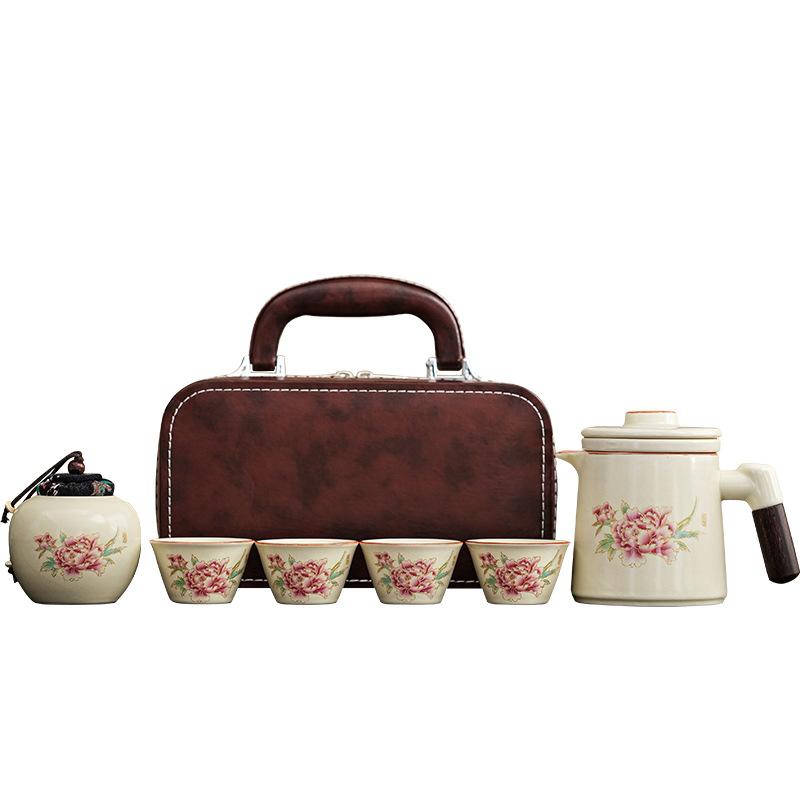 Ru kiln new tea set ceramic home living room office peony teapot light luxury gift company annual meeting